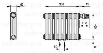 Схема (чертеж) Радиатор Zehnder Charleston 2040/8 №V008 Белый глянцевый RAL 9016